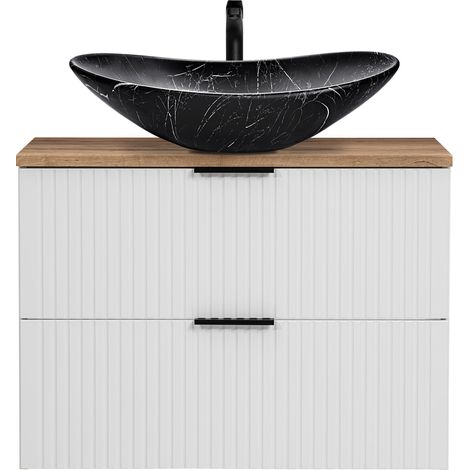 Waschtisch 80cm mit marmoriertem Aufsatzbecken, weiß mit Eiche Nb., Front gerillt, ADELAIDE-56-WHITE (1/5)