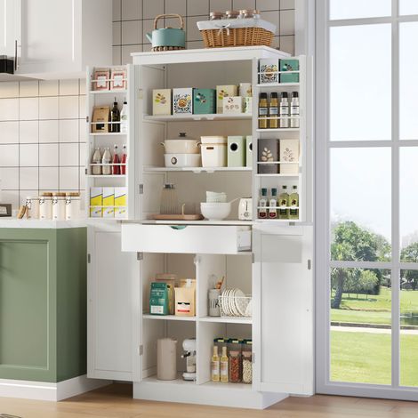 REDOM - Aparador de cocina 75x40x182 cm, almacenaje multifunción, estantes, cajón interior, puertas con compartimentos, MDF blanco (1/5)