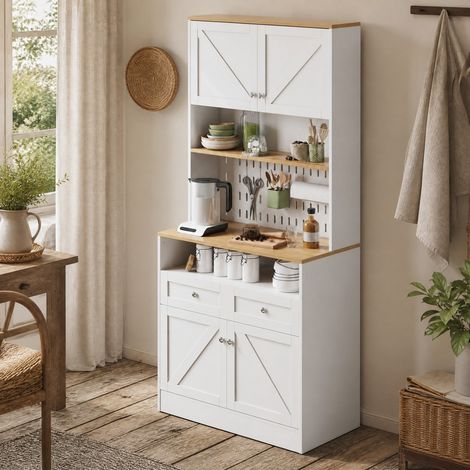 Credenza con 2 cassetti, 4 ante e pannello forato, 80 x 40 x 175 cm, bianco/natur HAVRYA (1/5)