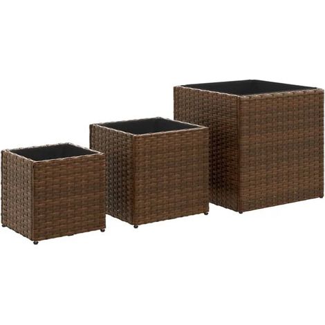 Ensemble de trois pots de fleurs d'extérieur, en résine tressée brune