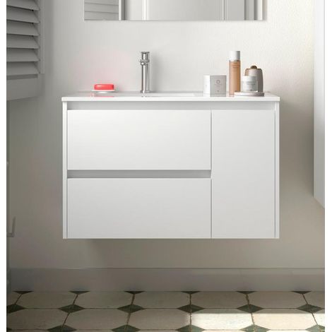 Meuble bas Noja 850 2 tiroirs 1 porte droite + lavabo Blanc Satiné (1/4)