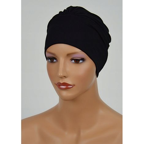 Turban Jasmina, noir, chapeau à volants, sans motif, également après chimiothérapie (1/4)
