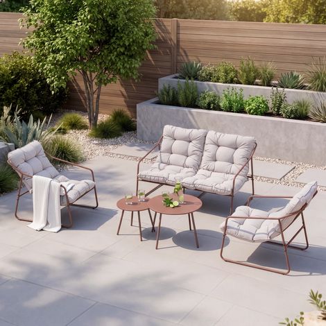 Set di 5 Mobili da Giardino Kivanta 2 Tavolini Rotondi 2 Poltrone e Divano - Color Ruggine/Beige [en.casa] (1/5)
