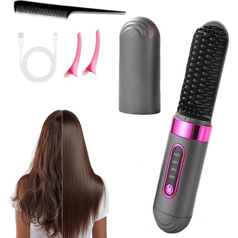 Cordless Hair Straightening Brush, MCH Ceramic Heating Hair Straightener with 4 Temperature Settings, Negative Ion Hair Care, 2x Faster Straightening Speed for Travel