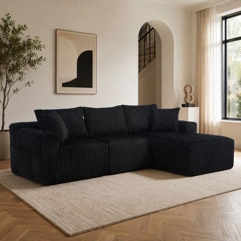 Canapé d'angle compressé 3 places, Canapé modulaire en velours côtelé noir, Sans assemblage, Dimensions 257x160x62cm