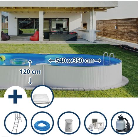 Stahlwandpool Set (6-teilig) halbhoch achtform 540x350x120 cm, Stahl 0,4 mm weiß Folie 0,4 mm blau (1/5)