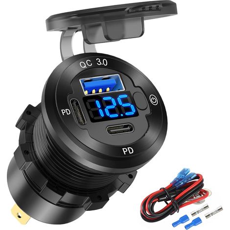 Prise de Courant USB C 12V pour Voiture, Chargeur Rapide USB Marin à 3 Ports, étanche, avec Interrupteur et voltmètre, adapté à la Voiture, au Bateau, à la Moto, à la voiturette de Golf, etc. (1/5)