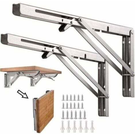 2PCS Équerre Pliante, 8 Pouce Supports d' Étagères Pliants en Acier Inoxydable, Acier Inoxydable Equerre Rabattable Murale, Charge Maximale 50KG, Argenté-- (1/5)