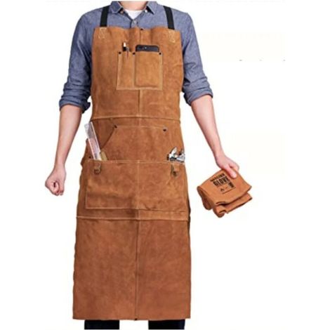 Welder's Apron with 6 Pockets, Heat-Resistant and Fireproof Leather Work Apron, Adjustable Carpenter's Apron for Men (Sizes M to XXXL), Perfect for Blacksmiths, Mechanics, and Workshops