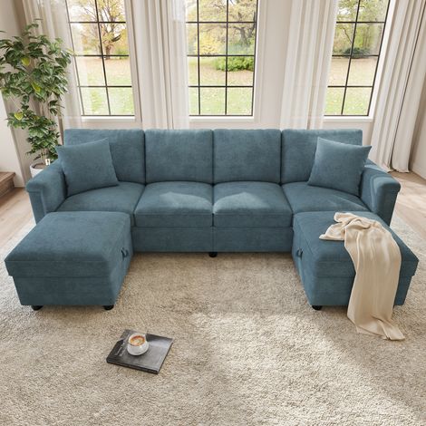 Canapé Panoramique Modulable 6 Places 261x134x82 cm, Forme U/L, 2 Poufs Coffres, USB/USB-C, Ressorts Ensachés, Chenille Bleu (1/5)