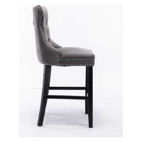 Tabourets de bar modernes rembourrés en velours (avec détails boutonnés et zippés, pieds en bois massif et finitions à rivets chromés) – Tabourets de bar de style décontracté, lot de 2 (gris)