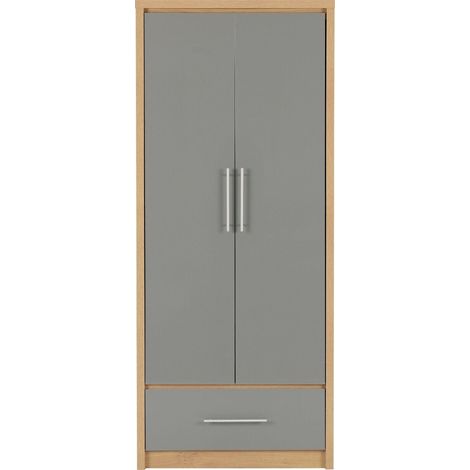 Seville 2 Door 1 Drawer Wardrobe - L47 x W76 x H180 cm - Grey High Gloss/Light Oak Effect Veneer (1/4)