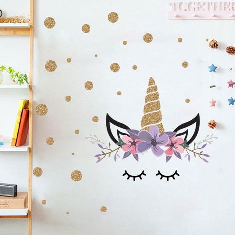 Stickers muraux licorne dessin animé pour chambre à coucher, décoration murale. (1/4)