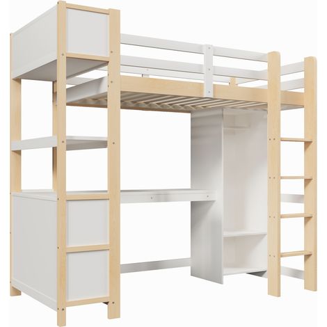 Cama alta 90x200 cm con escritorio, estantes y armario, pino, sin colchón, natural (1/5)