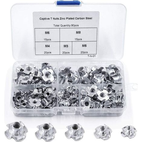 90pcs Ecrou en T 4 Griffes, Ecrous en T en Acier au Carbone, M3/M4/M5/M6/M8, Travail du Bois Meuble, Écrou Inserts en Acier au Carbone T (1/5)