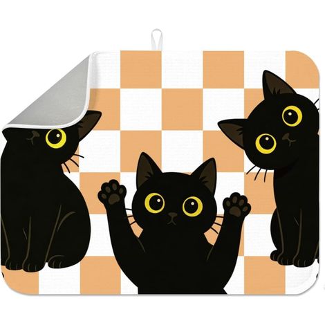 Tapis de séchage pour chat à carreaux 45 x 60 cm - Motif chat noir - Tapis absorbant à carreaux orange - Tapis de séchage pour table, comptoir, évier, bar à café (1/5)