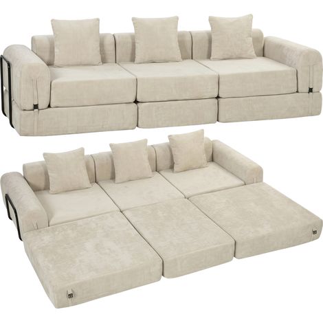 Canapé-lit - HOMCOM - 245 cm - 3 places - pliable, compressé, modulaire - assise large - 3 coussins - chenille - beige (1/5)
