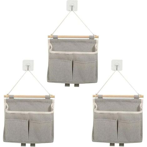 3-Piece Hanging Storage Bag Set, Wall-Mounted Storage Bag with 3 Pockets, Hanging Organizers with Adhesive Hooks, Large Capacity Over-the-Door Shelving for Homes, Offices, Caravans (Grey) (1/4)