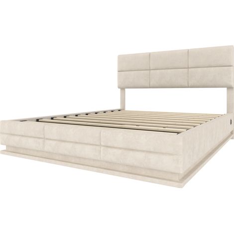 Lit coffre 140x200 cm en velours beige avec tête de lit réglable, LED et USB/Type-C (1/5)
