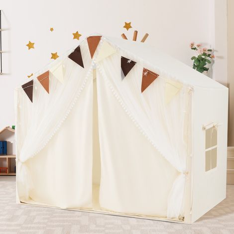 Tente de Jeu pour Enfants avec Rideaux en Tissu et Moustiquaire Lumières Etoilées Fanions à Carreaux pour Les 3 Ans et Plus Beige (1/2)