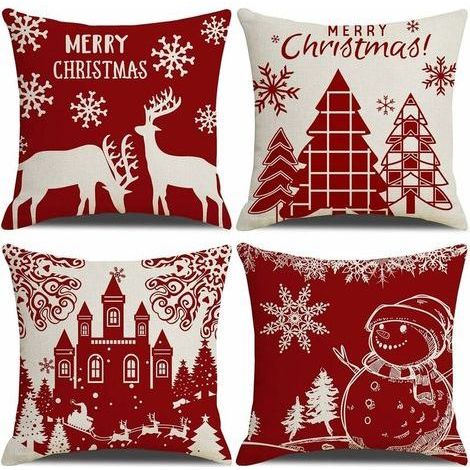 Housse de Coussin Noel 45x45cm, Lot de 4 Noël Décoratif Canapé en Coton et Lin Noël pour Canapé Lit Chambre Chaise Jardin-Décoration Noël Rouge (1/5)