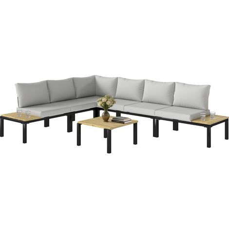 6-teiliges modulares Gartenmöbelset bestehend aus Schlafsofa, Couchtisch und Beistelltischen, grau