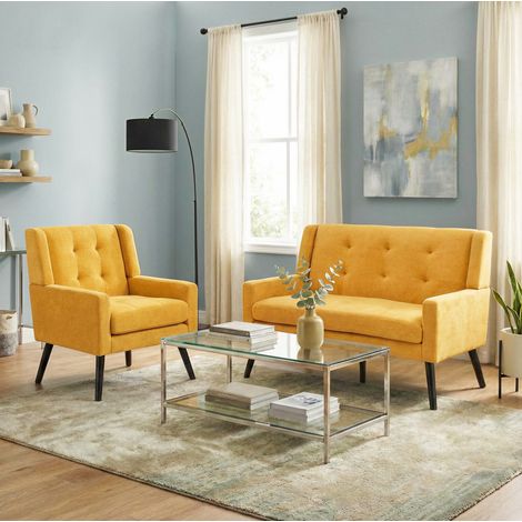 Juego de 2 sillones tapizados, con espuma de alta densidad, tejido suave y patas de madera, amarillo (1/5)