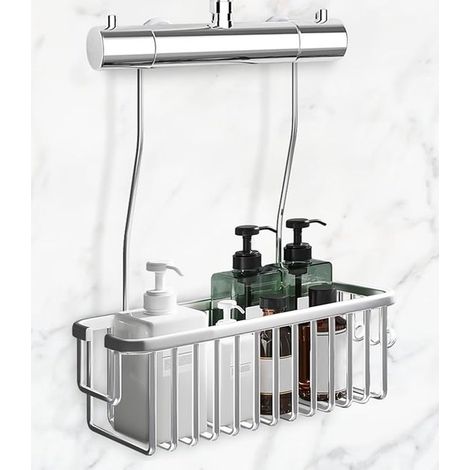 Mensola per doccia senza foratura - Ripiano portaoggetti in alluminio inox con ganci antiscivolo (1/5)