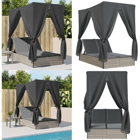 vidaXL Chaise longue double avec toit et rideaux gris clair poly rotin (1/5)