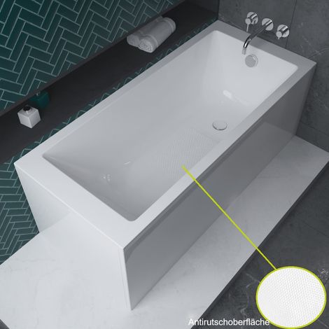 ECOLAM Badewanne Tami 180 x 80 cm Antirutschoberfläche + Schürze Acrylverkleidung Rechteck Acrylwanne weiß glänzend Ablaufgarnitur Ab- und Überlauf Füße Silikon