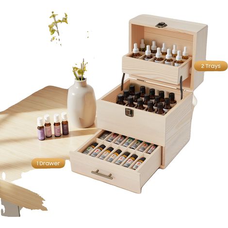 Organisateur d'huiles essentielles, 59 emplacements, 3 niveaux, matériau en bois de pin, dimensions 21,5x18,5x24,5cm, adapté pour des bouteilles de 15ml et 10ml (1/5)