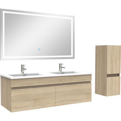 Aica Ensemble de meuble Salle de Bain 120cm Chêne + vasque + miroir lumineux + colonne
