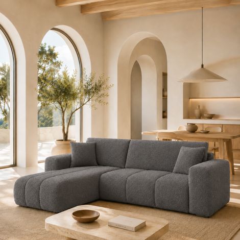 TALIO - Canapé d'angle convertible en tissu bouclette - 4 places - 245 cm Gris foncé (1/3)