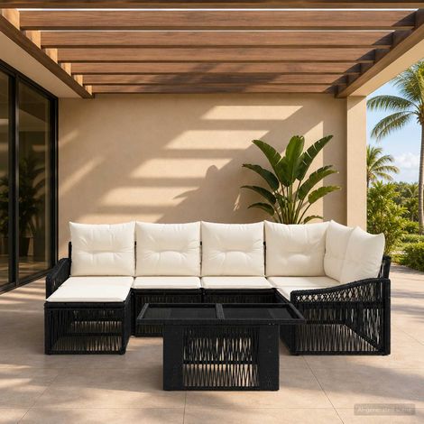 vidaXL Set Divano da Giardino 7 pz Nero e Bianco Crema polyrattan (1/5)