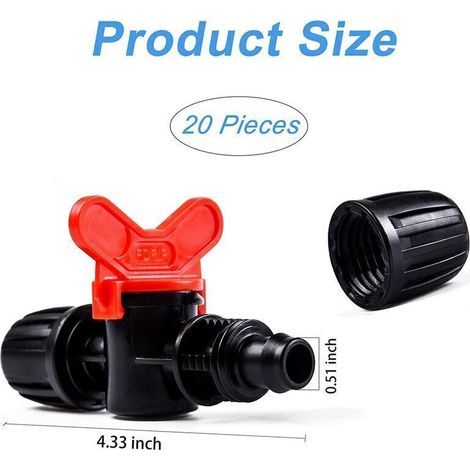 Pack of 20 16mm PE drip irrigation valves with barb locking fitting - Turns water flow on/off. (1/3)