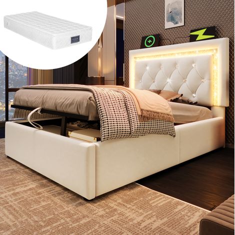 Letto contenitore 90x200 cm con materasso, LED, USB Type-C, beige HAVRYA (1/5)