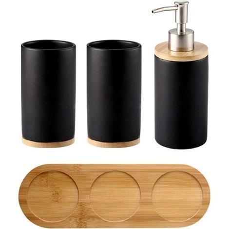 4-teiliges Keramik-Badezimmer-Accessoire-Set, Zahnbürstenhalter, Seifenspender, Becher, Bambustablett, Schwarz (1/4)