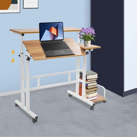 Bureau debout à deux niveaux réglable en hauteur (67 à 115 centimètres) Bureau manuel équipé de roulettes avec étagère de rangement Bureau d'ordinateur pliable et bureau mobile pour ordinateur portabl (1/5)