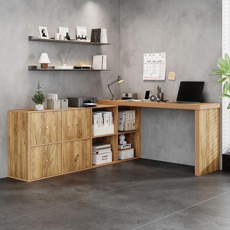 Bureau d'angle pivotant 360° avec 4 tiroirs et 4 niches, plateau épais 4 cm aspect chêne pour télétravail