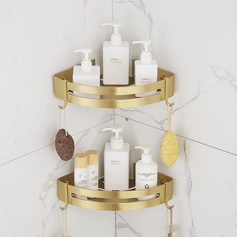 Étagère Douche Sans Perçage, Tablette d'Angle pour Salle de Bain, Support Mural en Métal, Finition Or Sable Brillant, 2 Niveaux, Résistant à l'Humidité (1/5)
