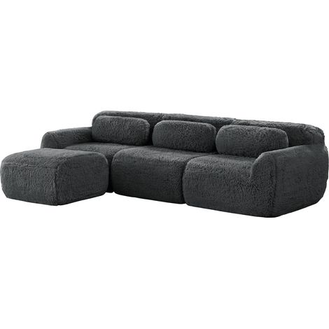 ELVMI Divano Modulare ad Angolo con Ottomana, senza Montaggio, in Tessuto Peluche, Grigio (1/5)