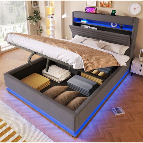 lit adulte coffre rangement 140x200 lin gris HAVRYA (1/5)