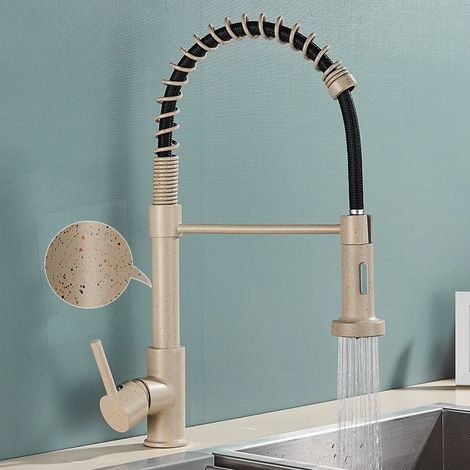 Robinet de cuisine en or brossé à douchette extractible, mitigeur eau chaude/froide à poignée unique et rotation à 360° (à pois beiges). (1/5)