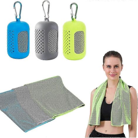 Set mit 3 weichen Mikrofaser-Kühlhandtüchern – Sport, Yoga, Fitness mit tragbaren Silikonhüllen (30 x 90 cm, Blau, Grau, Grün) (1/5)