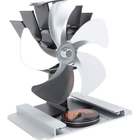 Ventilateur de poêle à bois vertical à 5 pales en alliage d'aluminium, alimenté par la chaleur, avec thermomètre intégré, pour poêle à pétrole et poêle à bois (couleur argent). (1/5)