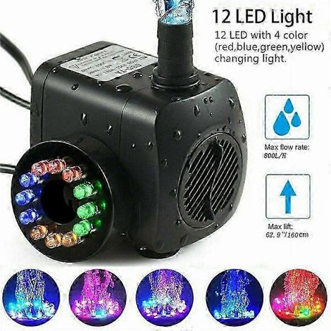 Pompe de fontaine 15 W 800 l/h, pompe pour bassin, pompe de fontaine, pompe de jardin, pompe de fontaine avec 12 LED (1/5)