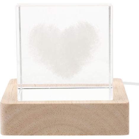 Veilleuse Cube Cristal Cœur avec Socle Bois Allumage (1/5)