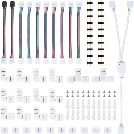 Connecteurs de Bande, Kit Connecteur Bande Lumière LED, avec Connecteurs Mâles 4 Broches Connecteurs LED Forme de L, Connecteur Bande LED RGB 5050, pour LED 10mm Ensemble d'Accessoires d'Extension