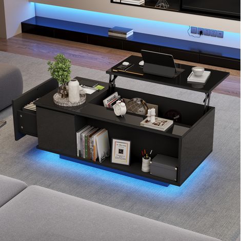 Tavolino da caffè in truciolare nero 100 x 50 x 40 cm, sollevabile con LED e spazio nascosto (1/5)
