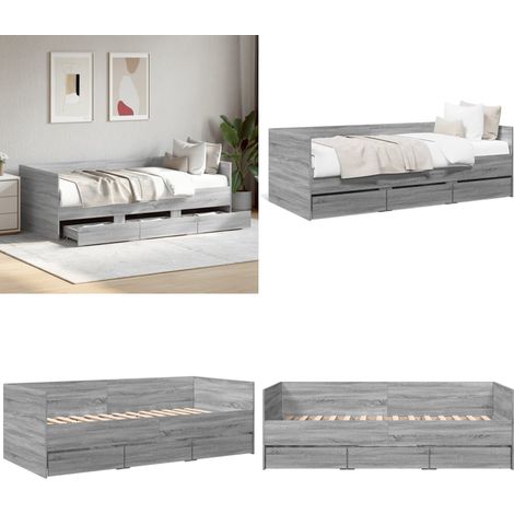 Lit de jour avec tiroirs sans matelas sonoma gris 100x200 cm - Lit Deux Places - Canapé Lit - Meuble Multifonctionnel - Rangements Intégrés - Tiroir Coulissant - Home & Living